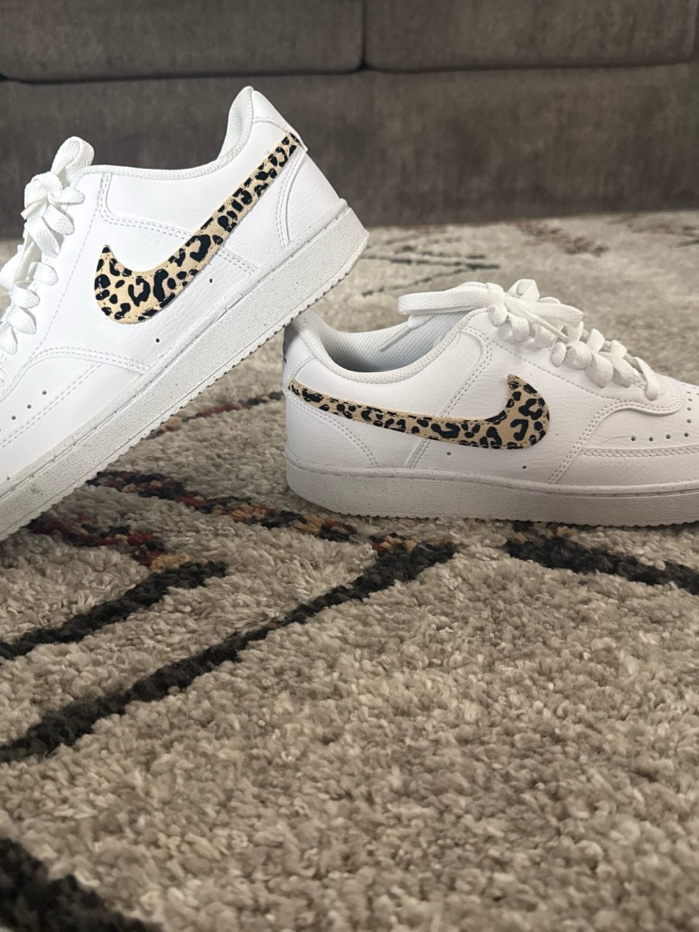 Nike Women’s White Sneakers with Leopard Swoosh Accents - Picture 1 of 7